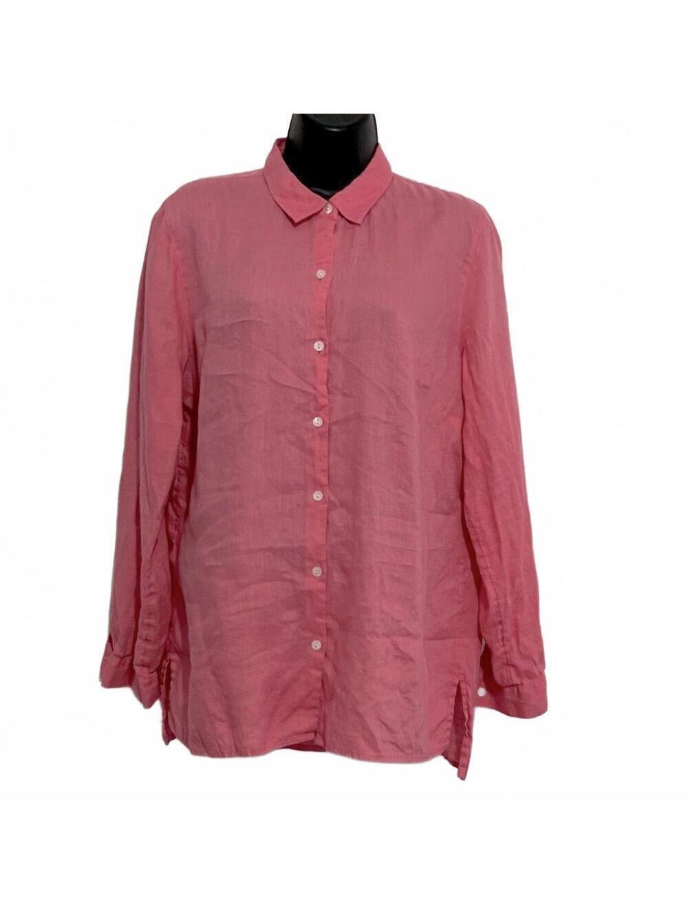 J Jill Linen Pink Essential Button Down Oversized Tunic Split Hem Top M - Picture 2 of 10